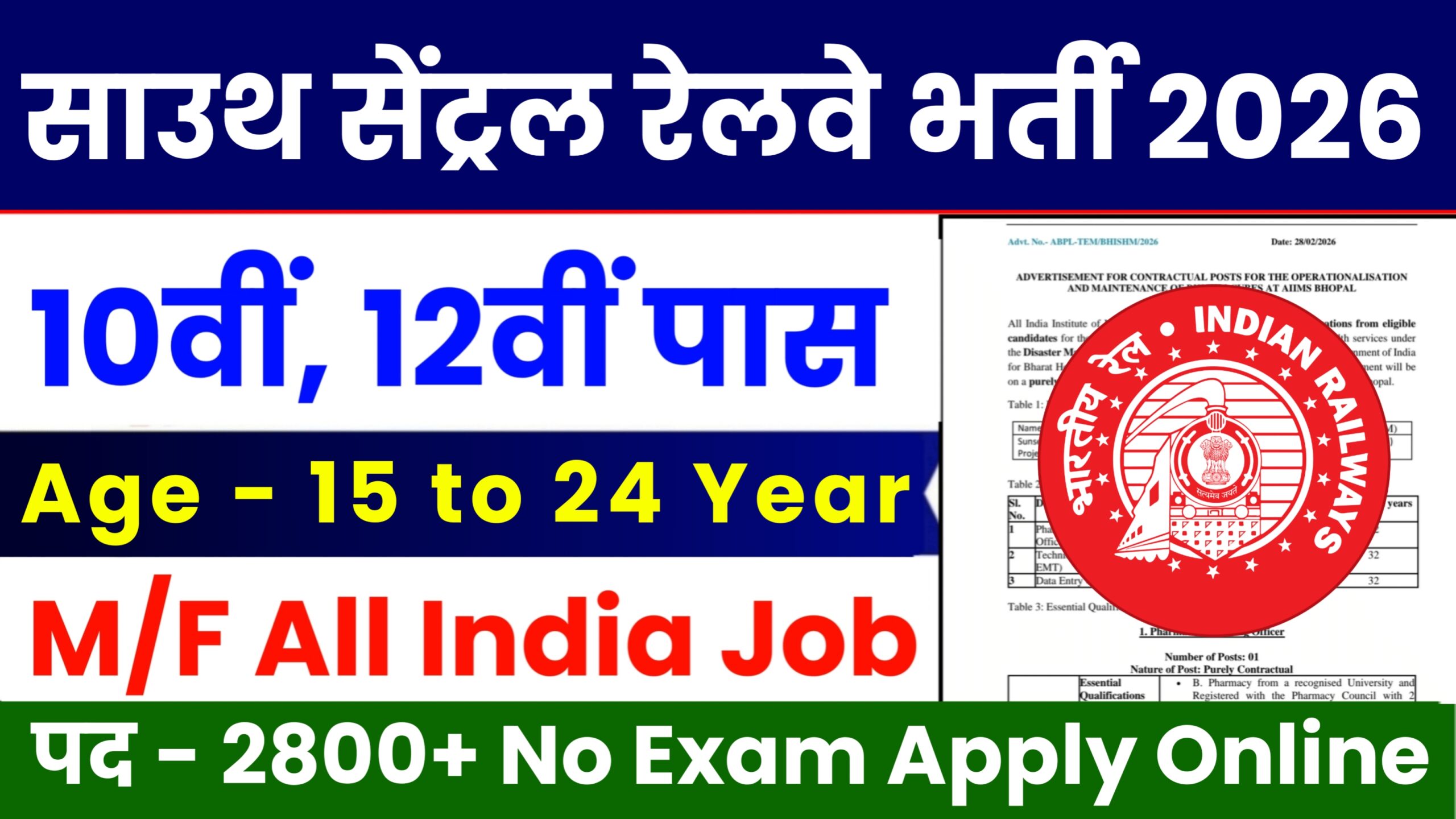 South Central Railway Recruitment 2026 - Apply Online 2801 Post | Male & Female, Age Limit 20260315_014140